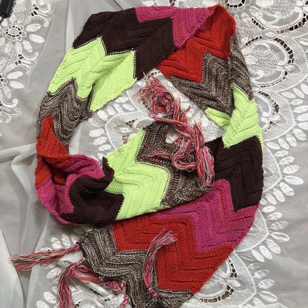 Y2K Gilmore Girl Fall Chevron Knit Scarf Lime Green Orange Brown Tassel